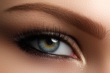 Eye makeup. Beautiful eyes make-up. Holiday makeup detail. Long lashes