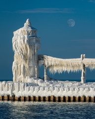 Ice accumulates on the St. Joseph North Pier Lighthouse in Saint Joseph, Michigan