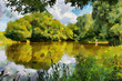 Views of the river on a summer day, surrounded by bushes, impressionism