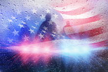 Police Crime Scene, Rain Background With Police Lights And American Flag