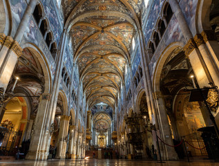 12th-century romanesque parma cathedral filled with renaissance art. its ceiling fresco by correggio