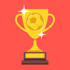 Wall Mural - Vector football cup trophy. Gold cup with graven football ball. Creative soccer, champions cup concepts. Modern flat design vector illustration