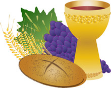 Eucharist Symbols Of Bread And Wine, Chalice And Host With Wheat Ears And Grapes Vine. FIrst Communion Christian Color Vector Illustration.