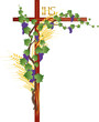 Eucharist symbols of bread and wine, wheat ears, grapes and vine on a cross. FIrst communion christian color vector illustration.