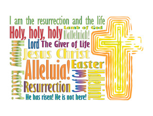 Happy Easter - resurrection abstract background with text and a cross in bright colors. Vector illustration.