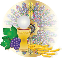 Wall Mural - Eucharist symbols of bread and wine, chalice and host with wheat ears and grapes vine. FIrst communion christian color vector illustration.