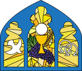 Wall Mural - Eucharist symbols of bread and wine, chalice and host with wheat ears and grapes vine. FIrst communion christian color vector illustration in a stained glass church window.