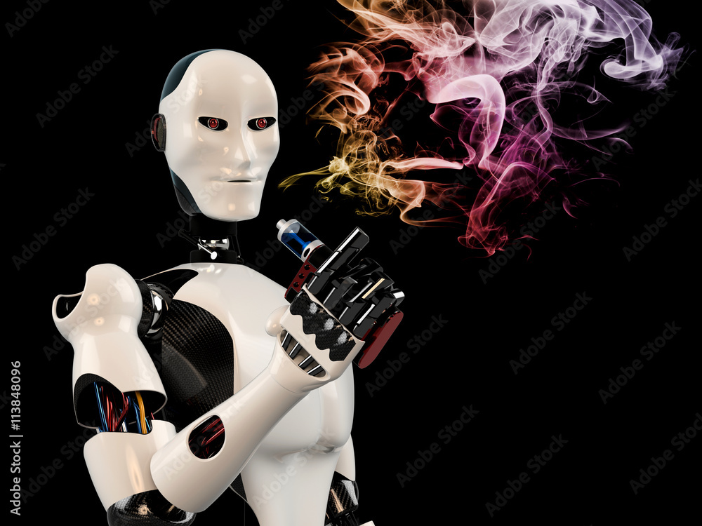 robot smoking a cigarette robot smoking e-cigarette with cyber arm Stock Illustration
