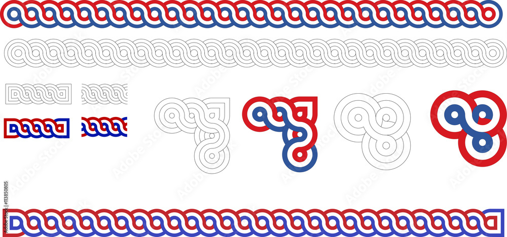 Historic croatian traditional national interlace or wattle style crosses, so called "Hrvatski pleter", in croatian national tricolor and monotone outlines - obrazy, fototapety, plakaty 