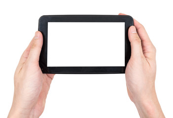 Male hands holding a  tablet touch computer gadget with touch blank white screen on white background.