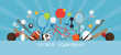Sports Equipment, Flat Icons Display Banner, Objects, Recreation and Leisure, Blue Background