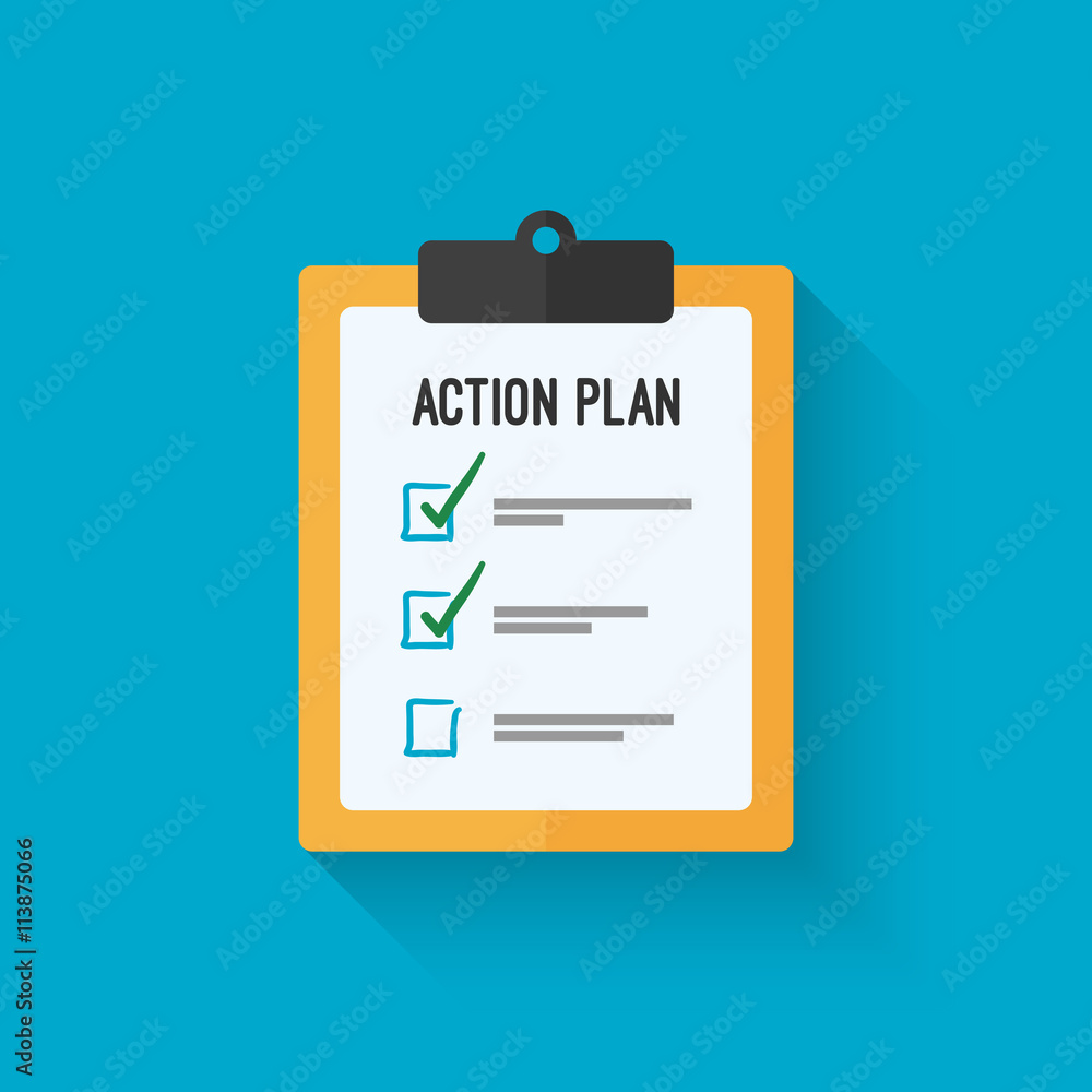 Action plan clipboard icon design over a blue background. Board goal check list icon. Vector flat style design with long shadow. - obrazy, fototapety, plakaty 