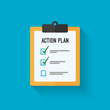 Action plan clipboard icon design over a blue background. Board goal check list icon. Vector flat style design with long shadow.