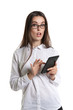 © akvafoto2012 - Beautiful young long-haired woman in glasses with an e-book. Human emotions, surprise, mouth open
