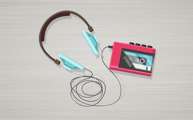 Wall Mural - Headphones, player and retro compact cassette on wooden board. Top view flat vector illustration.


