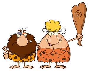 Caveman Couple Cartoon Mascot Characters With Blonde Woman Holding A Club