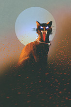 Evil Cat On A Background Of The Moon,undead,horror Concept,illustration