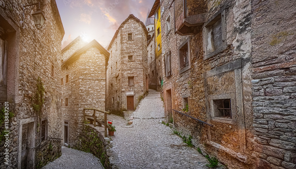 Old town in Europe in beautiful evening light at sunset - obrazy, fototapety, plakaty 