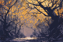 Night Scene Of Autumn Forest,landscape Painting