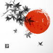 Japanese maple leaves and red sun on white backrgound. Contains hieroglyph - happiness.