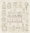 Sketches of vintage drugstore objects on vintage background. Pharmacy bottles, mortar and pestle, old apothecary cabinet, scales etc.