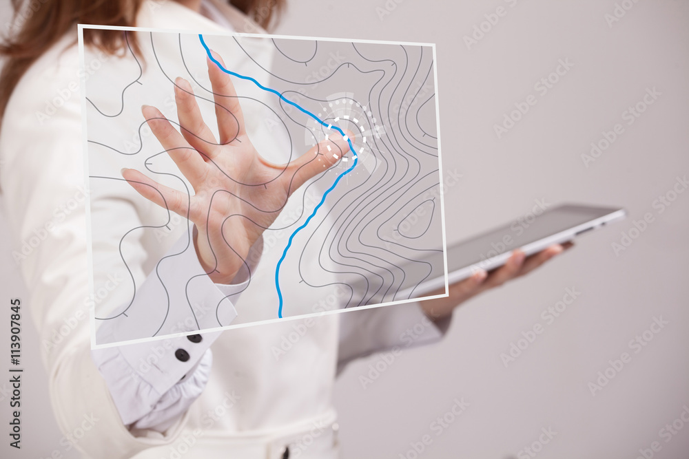 Geographic information systems concept, woman scientist working with futuristic GIS interface on a transparent screen. - obrazy, fototapety, plakaty 