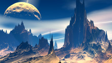 Fantasy Alien Planet. Rocks And Sky. 3D Illustration
