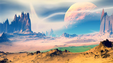Fantasy Alien Planet. Rocks And Lake. 3D Illustration