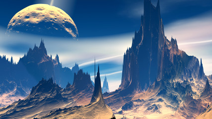 Wall Mural - fantasy alien planet. rocks and sky. 3d illustration