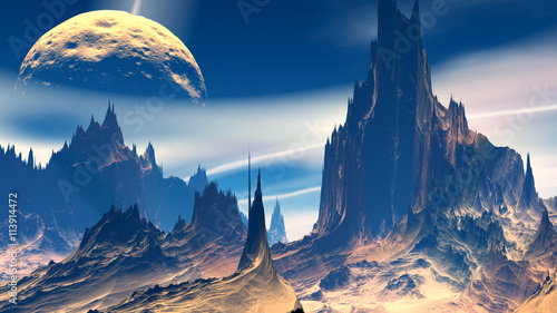 Obraz na płótnie Fantazja obca planeta. Skały i niebo. 3D ilustracji