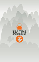 Banner For Tea Restaurant To The Japanese Or Chinese Cuisine With A Pattern On A Background Of The Teapot Chinese Mountain Landscape With Space For Writing. Hieroglyphs Tea