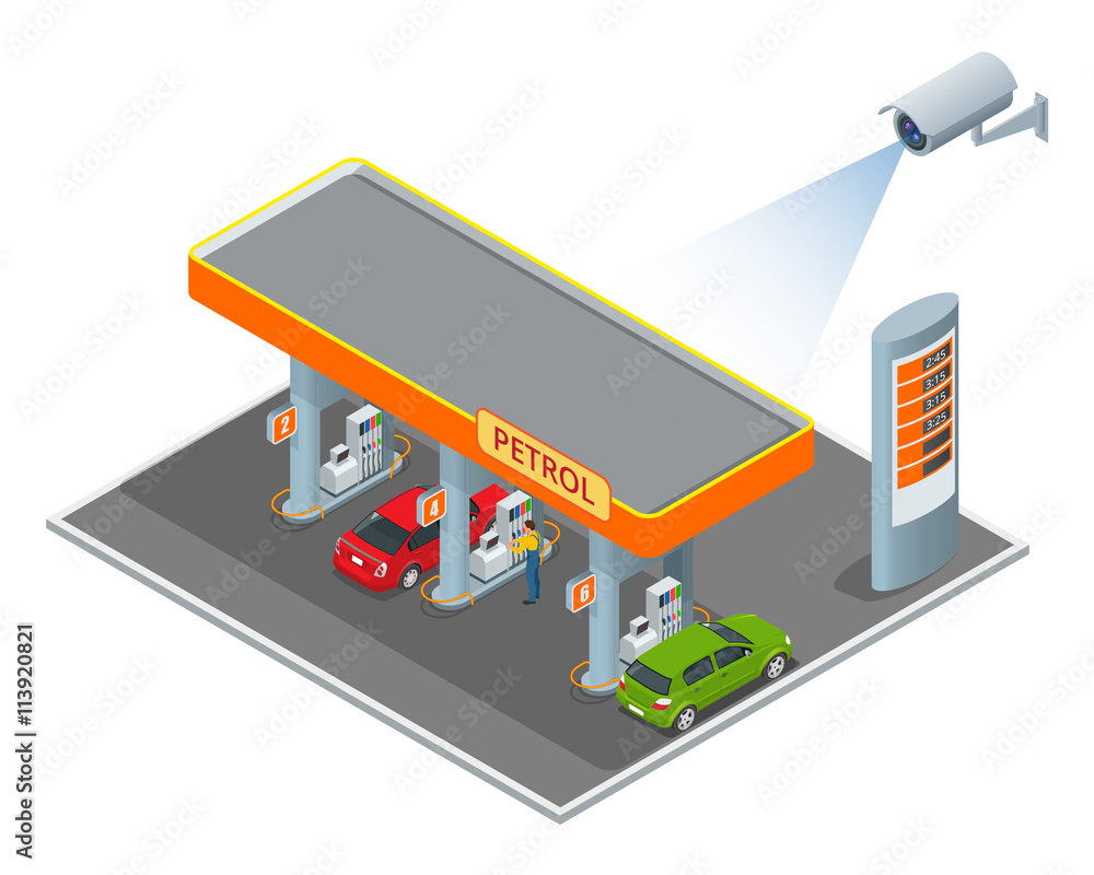 CCTV security camera on isometric illustration of petrol diesel station ...