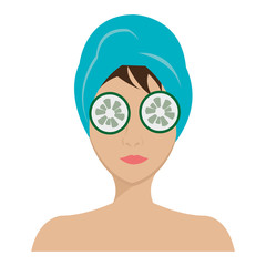 Sticker - avatar woman with blue towel and cucumber  over isolated background,vector illustration