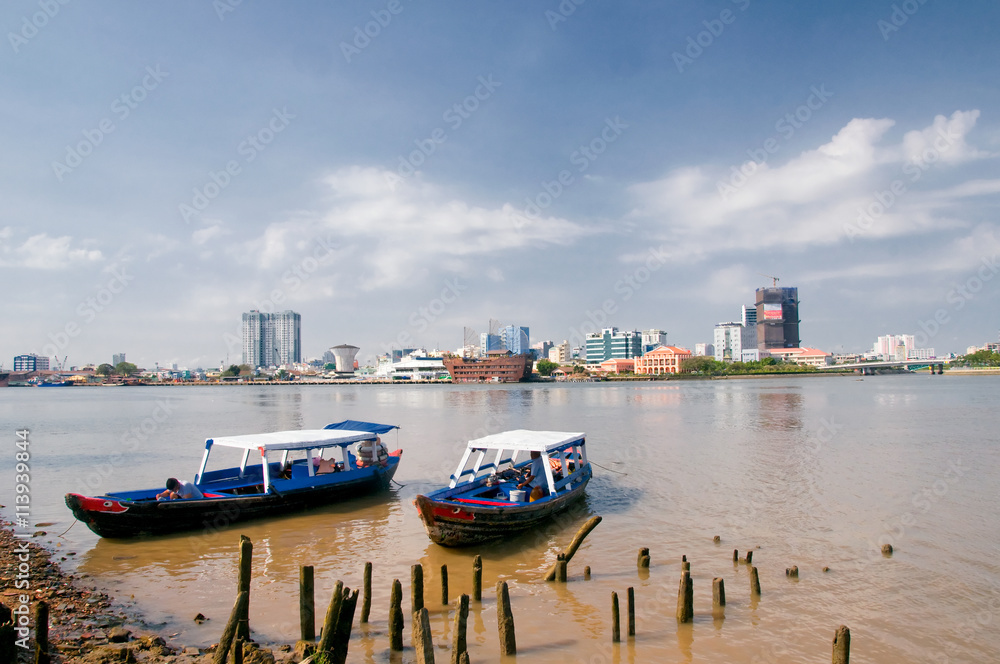 Skyline of Saigon with Saigon River. Saigon (Ho Chi Minh City) is ...