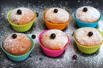 Muffins with black currant in silicone forms sprinkled