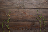 Fototapeta Dziecięca - Rosemary herb on dark wood flat lay, copyspace. Top view on dark wooden background with rosemary brunches on both sides, void.Rosemary frame on wood