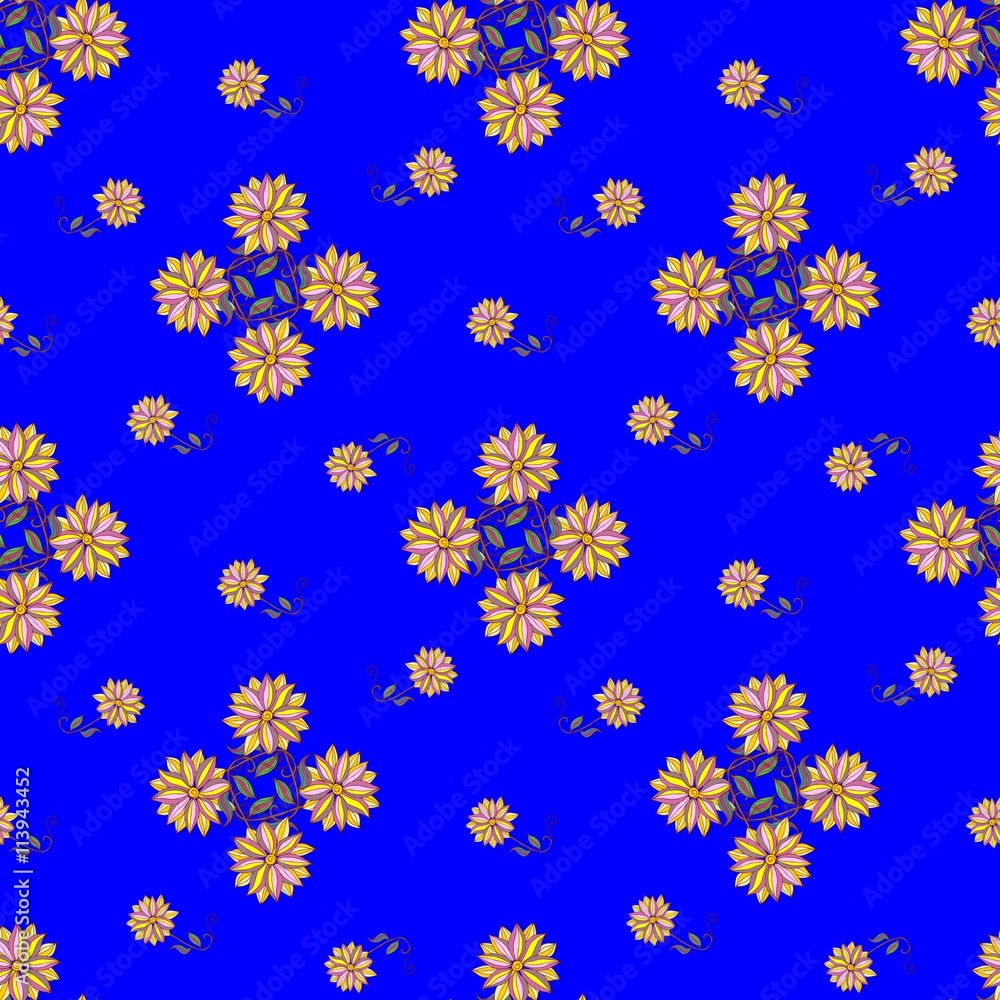 Ethnic seamless pattern with hand drawn flowers on royal blue ...