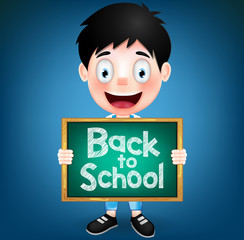 Wall Mural - Smiling Boy Student Character Holding Green Chalkboard with Back to School Tex. Vector Illustration
