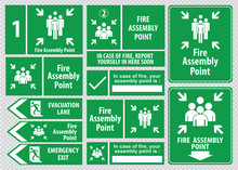 Set Of Emergency Exit Sign (fire Exit, Emergency Exit, Fire Assembly Point, Evacuation Lane).