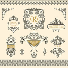 Set of line art frames and borders for design template. Element in Eastern style. letter R. Outline floral frames. Mono line decor for invitations, greeting cards, certificate. Vector illustration