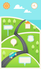 Road and Hills with Signs. Travel, Holiday, Road Map Infographic Template