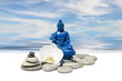 Zen or Feng-Shui background-Blue Medicine Buddha Bhaisajyaguru,zen stone,white orchid flowers and sky reflected in water
