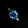 Blue diamond ring top view on dark background , 3d rendering