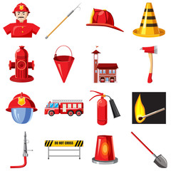 Wall Mural - Fire Department icons set, cartoon style
