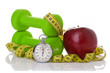 © sacura14 - Two dumbbells, red apple, measuring tape.