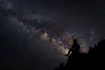 Wall Mural - landscape with milky way, night sky with stars and silhouette of