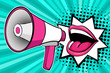 Sexy open female mouth and megaphone screaming. Vector background in comic retro pop art style.
