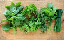 Fresh Herbs On Wooden Background, View From Above