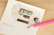 Sharp pink pencil shot on watercolor painting of media room furniture elements