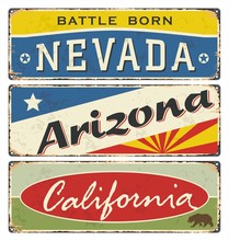 Vintage Tin Sign Collection With USA State. Retro Souvenirs Or Postcard Templates On Rust Background.